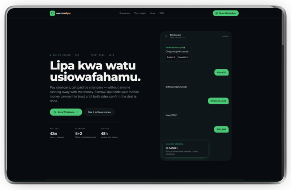 EscrowLipa — Pay strangers, get paid by strangers — safely. WhatsApp-native escrow that holds the money