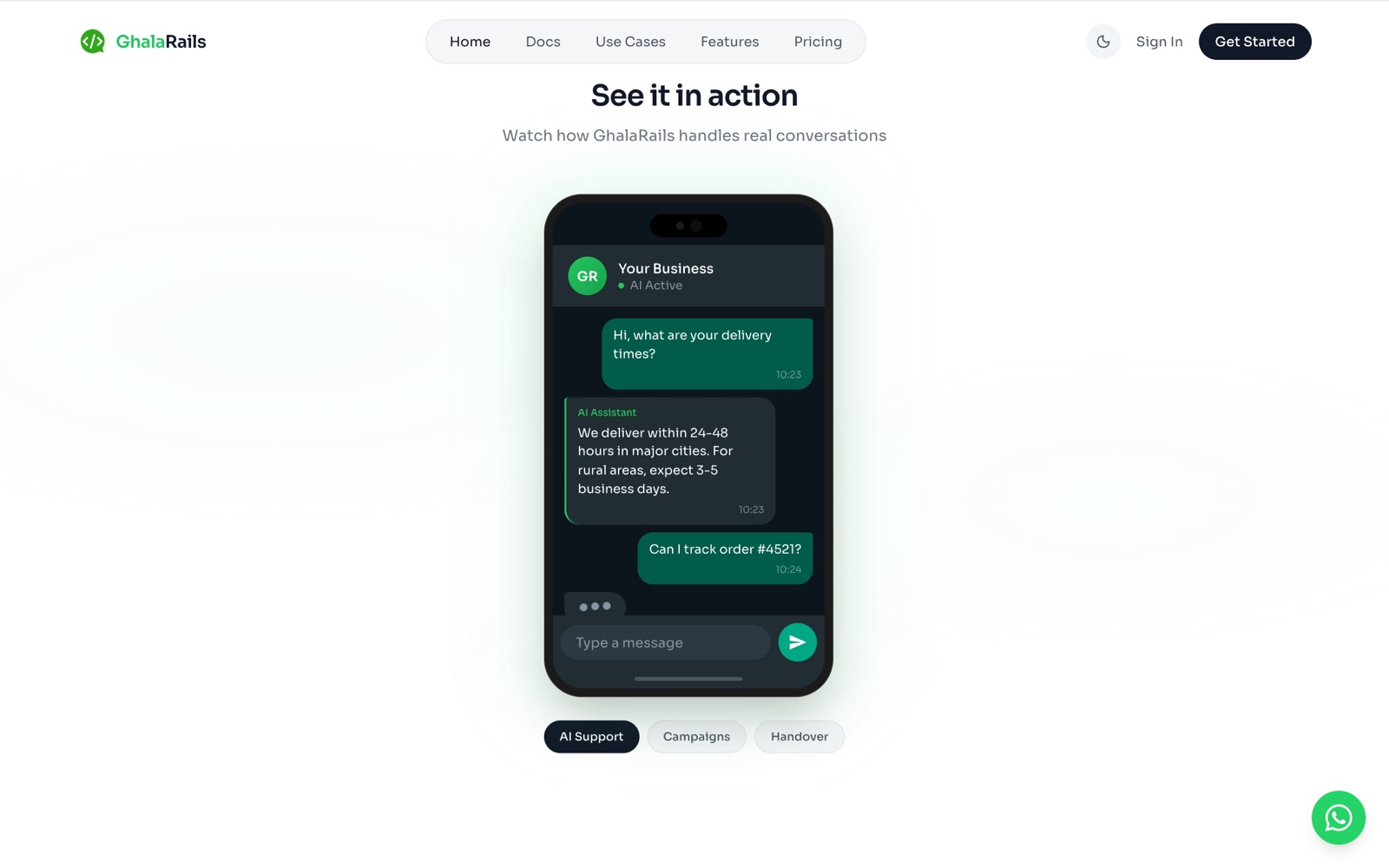 AI handles real conversations, with handover to a human when it matters.