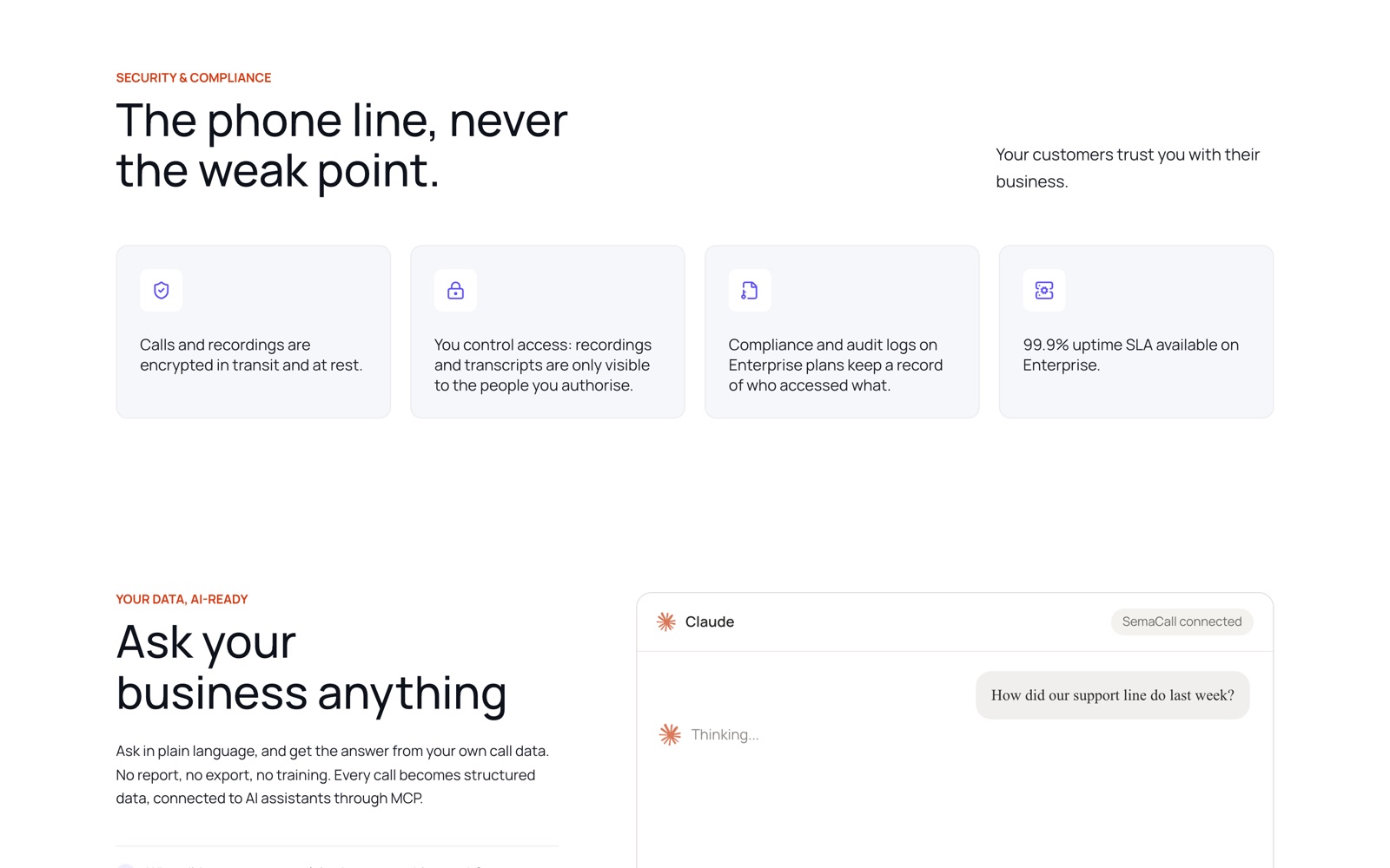 Encrypted in transit and at rest, access you control, audit logs on Enterprise.